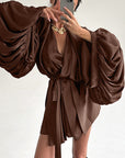 V-Neck Tie Waist Puff Sleeve Dress