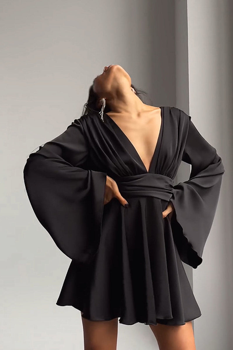 Elegant French Satin Long Sleeve Dress with V-Neck