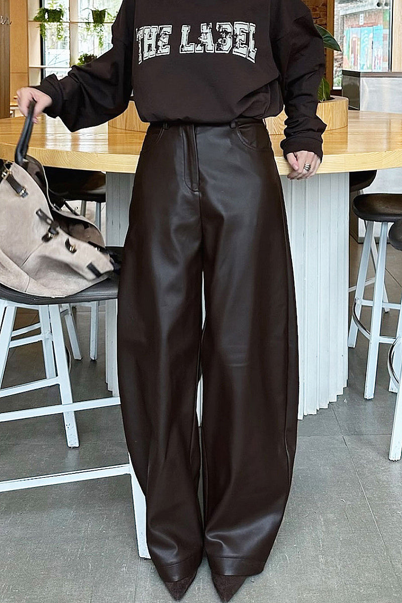 High Waist Brown PU Wide Leg Pants for Women