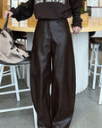 High Waist Brown PU Wide Leg Pants for Women