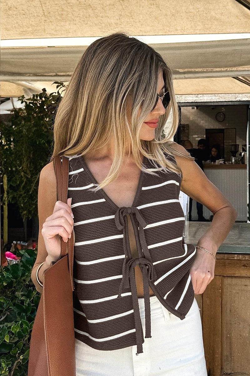New Striped Knitted Vest with Bow for Women