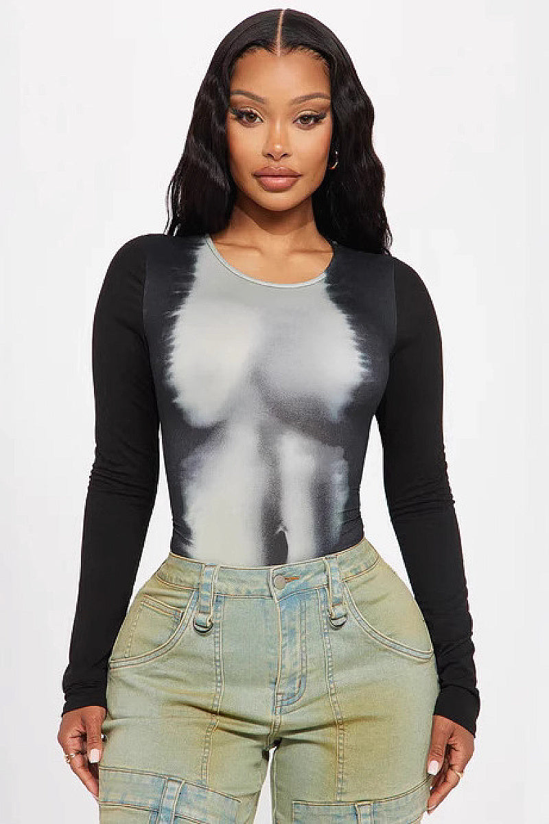 Stylish Long Sleeve Abstract Print Bodysuit