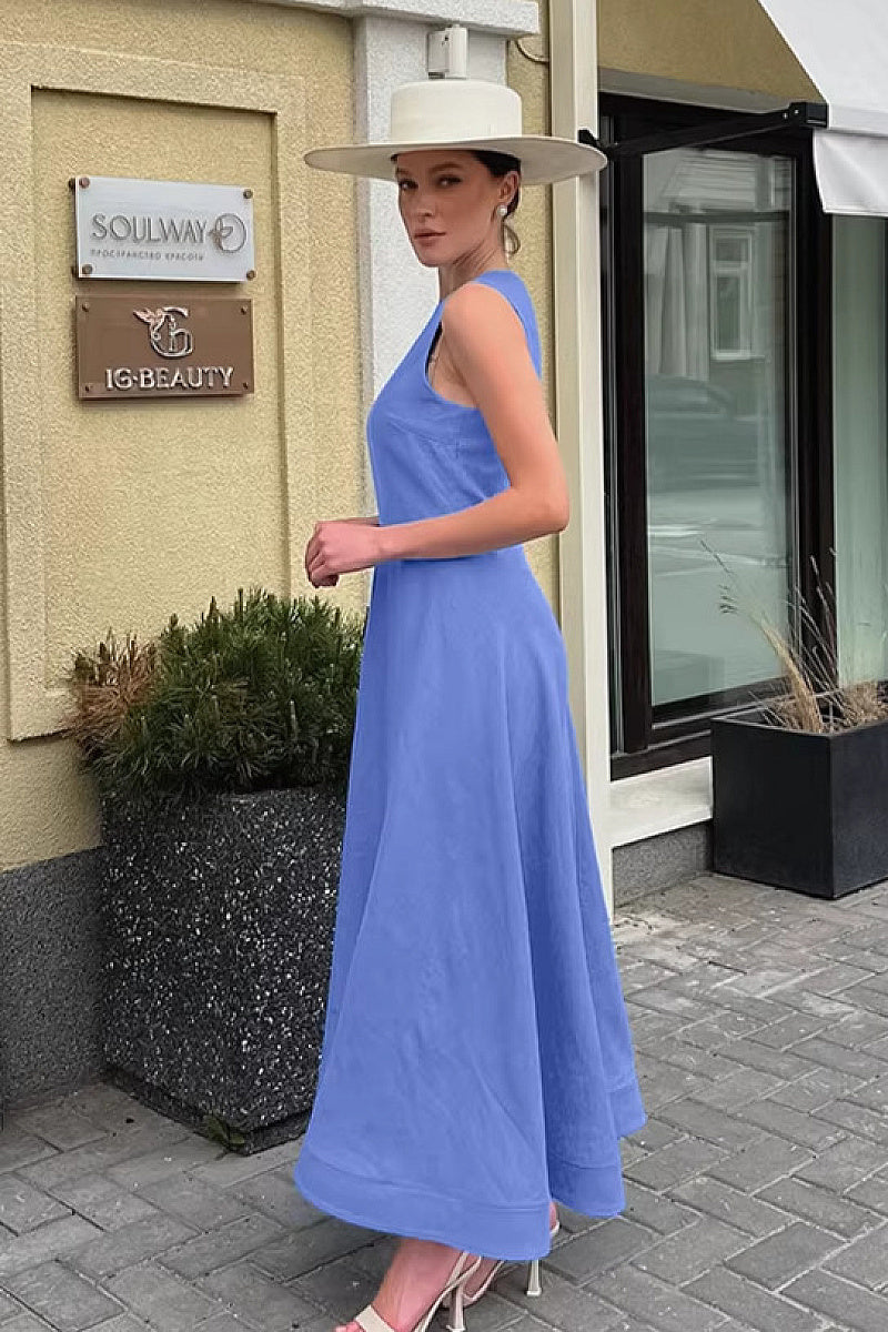 French Style Blue Round Neck Cotton Linen Dress