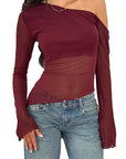 Fashionable Casual Sheer Shoulder Long Sleeve Top