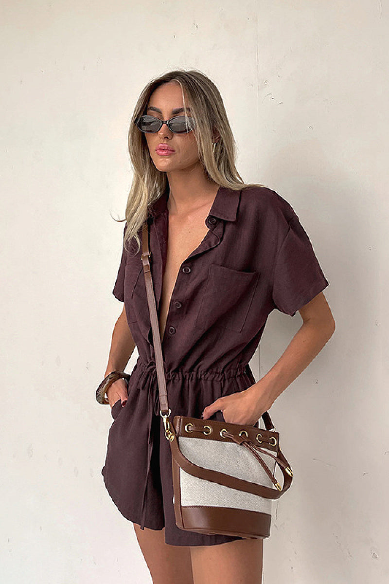 Solid Color Short Sleeve Jumpsuit with Shirt Collar