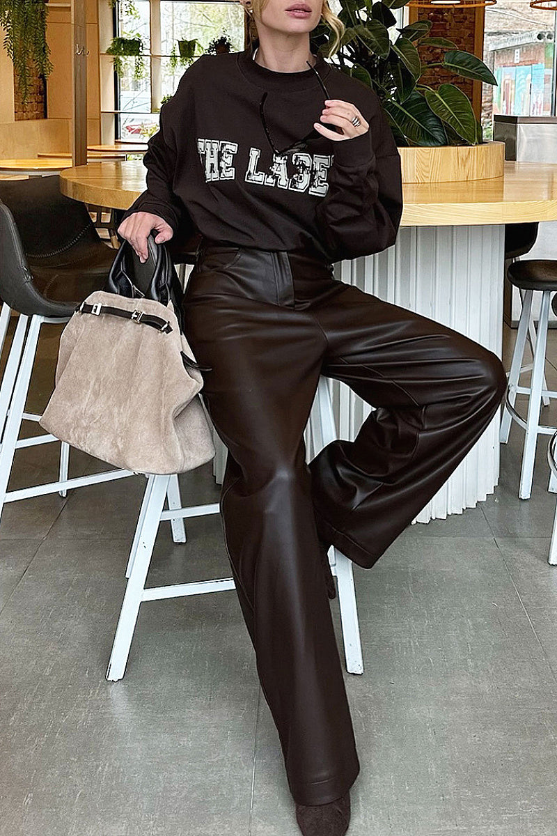 High Waist Brown PU Wide Leg Pants for Women