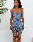 Sexy Floral Ruffle Neck Backless Mini Dress