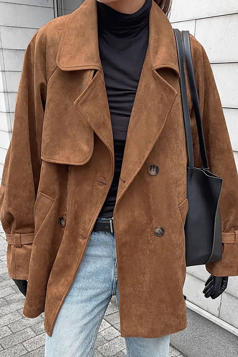 Brown Double-Breasted Suede Coat for Women