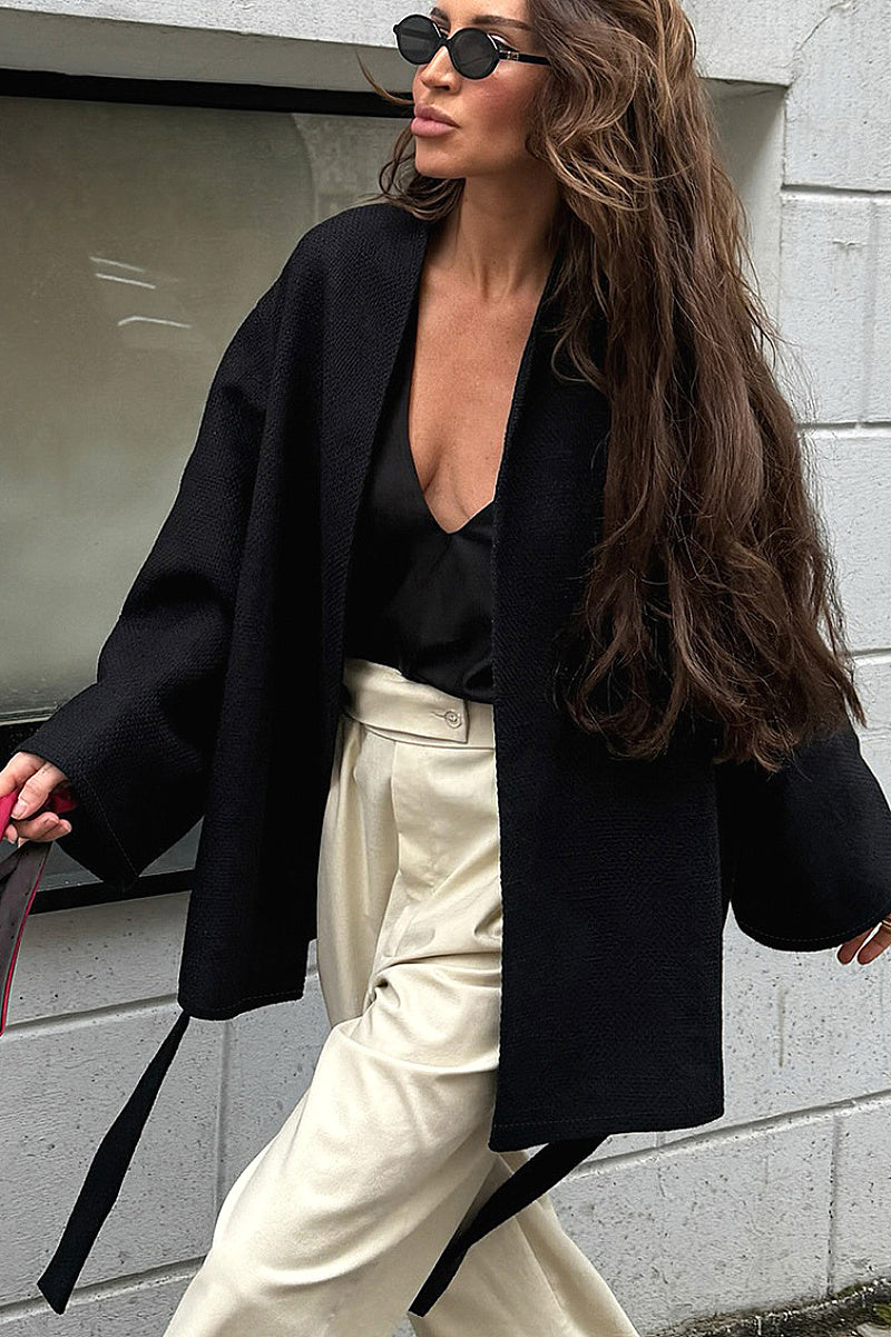 V-Neck Tie Waist Long Sleeve Jacket