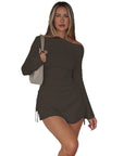 Off Shoulder Long Sleeve Drawstring Mini Dress
