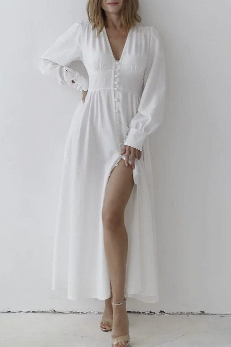 Elegant V-Neck Lantern Sleeve Dress