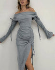 Elegant Off-Shoulder Tie Waist Bodycon Dress