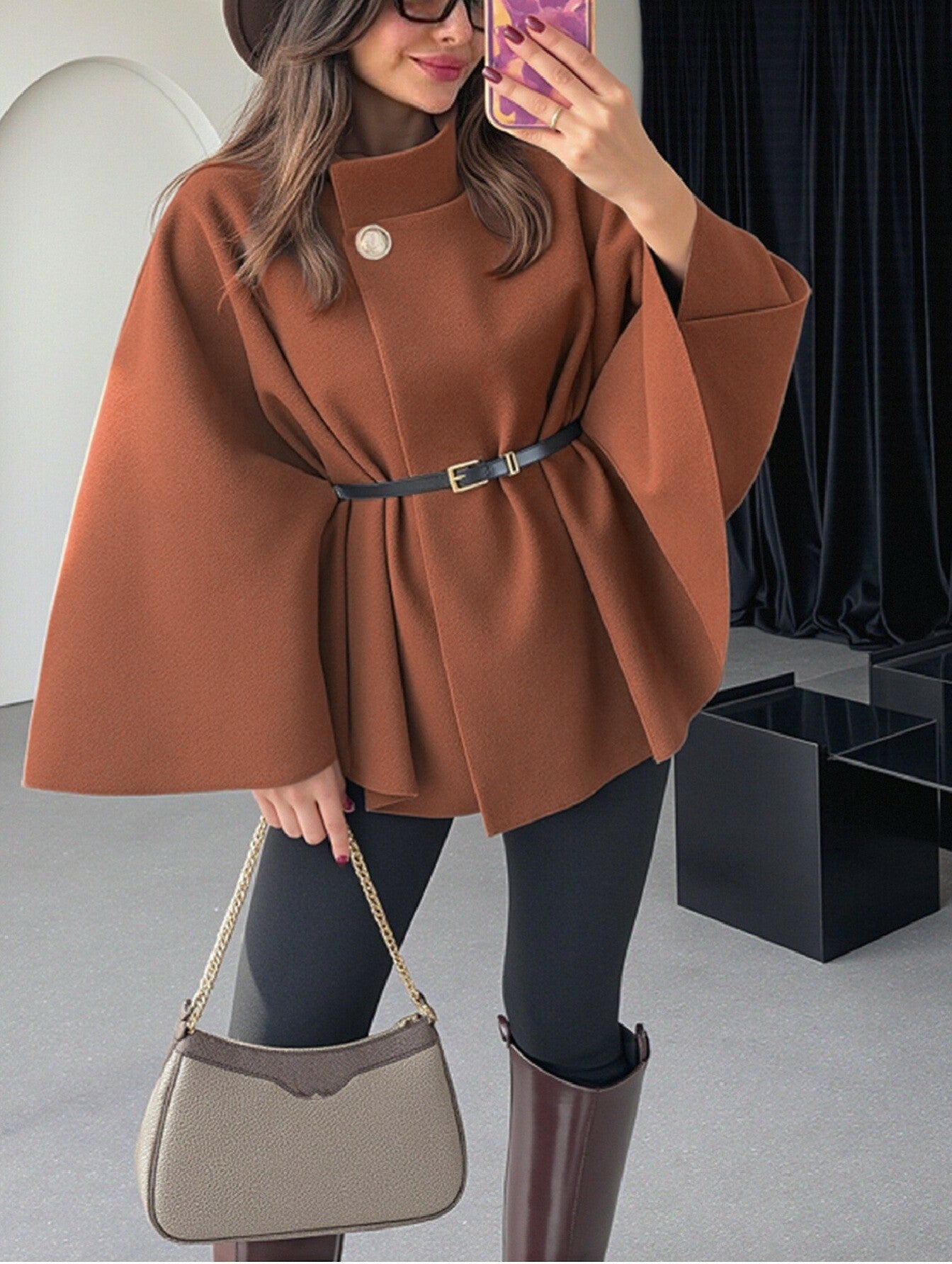 Elegant Winter Women's Cape Coat with Waist Tie