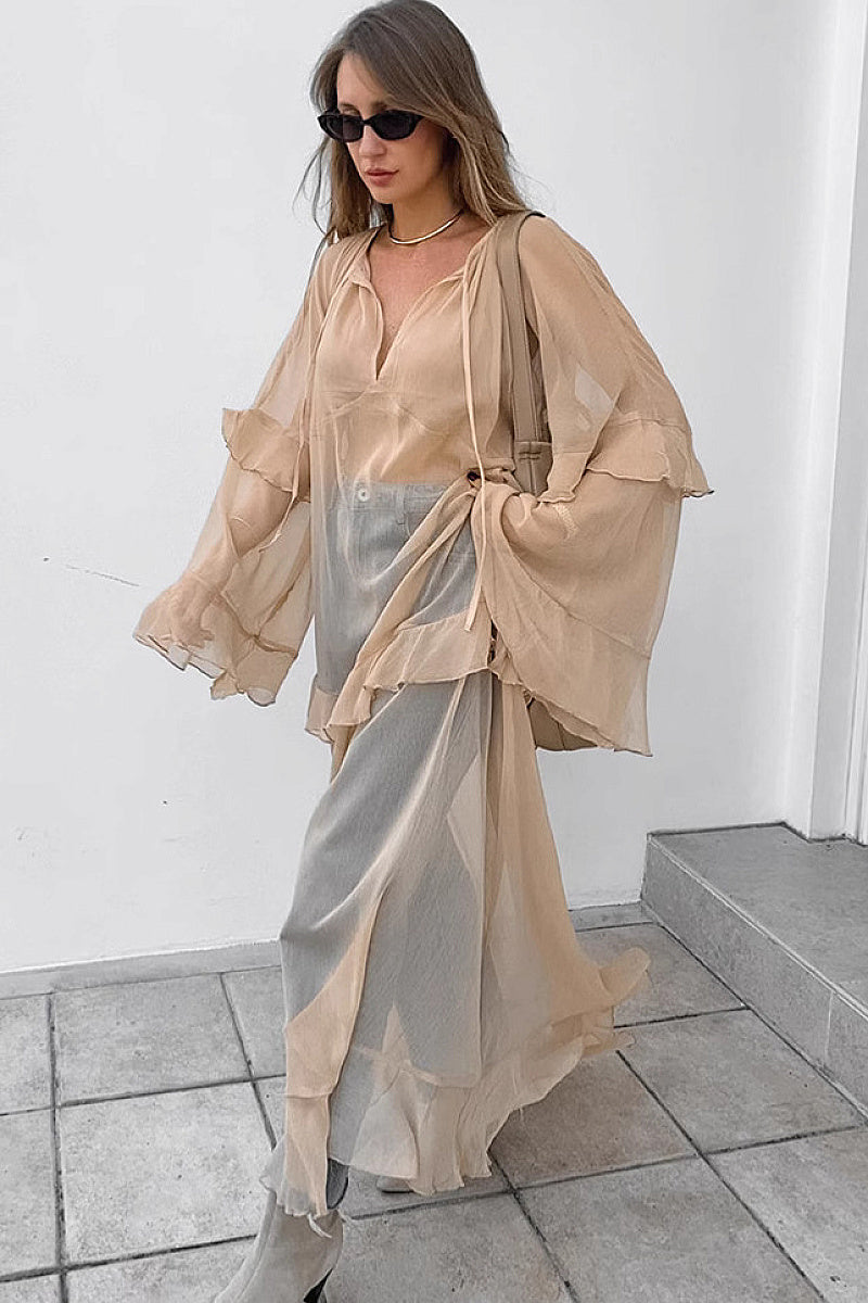 Khaki Ruffle Sleeve Maxi Dress for Spring and Summer