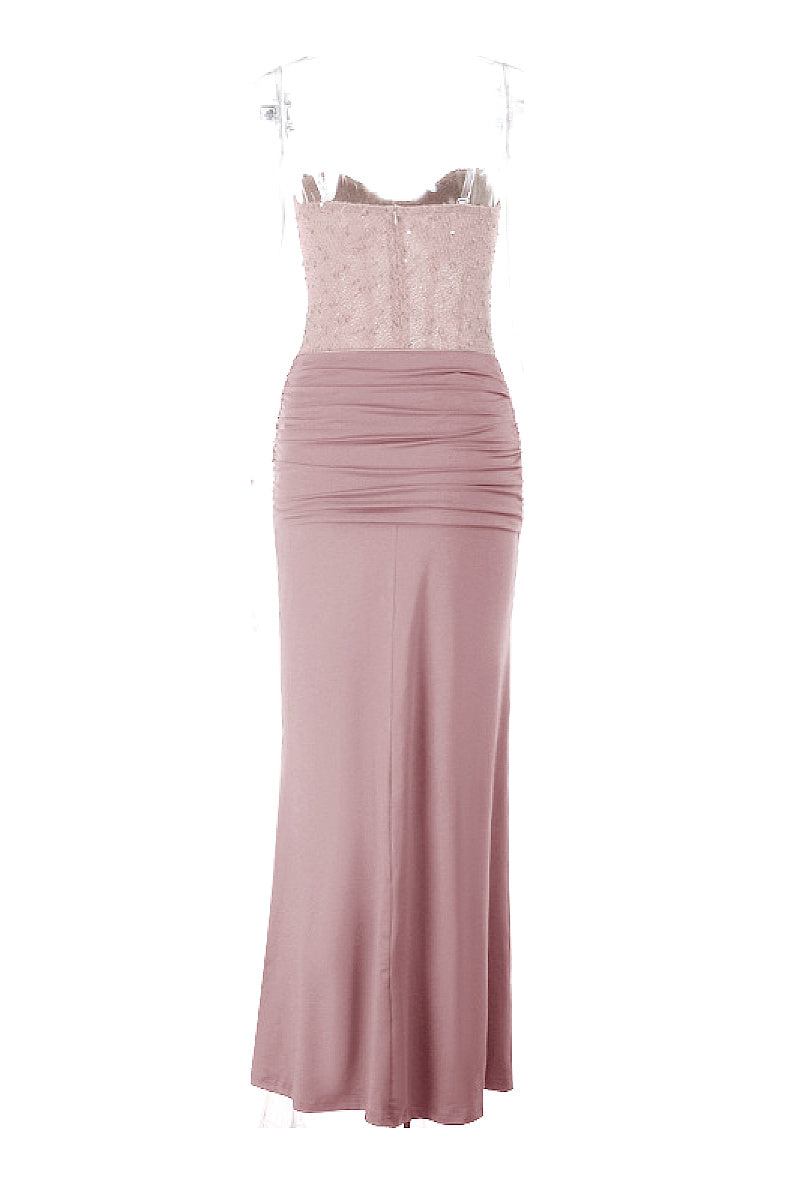 Elegant Strapless Long Dress with Waist Tie