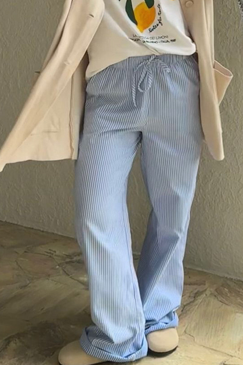 Casual Blue Striped Wide Leg Pants for Women