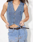 Fashionable Women's V-Neck Denim Vest