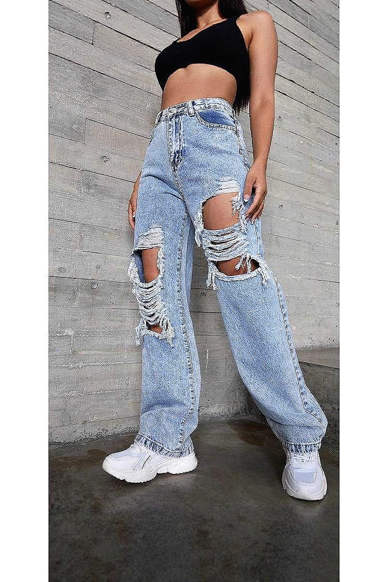 High Waist Ripped Straight Leg Jeans for Women