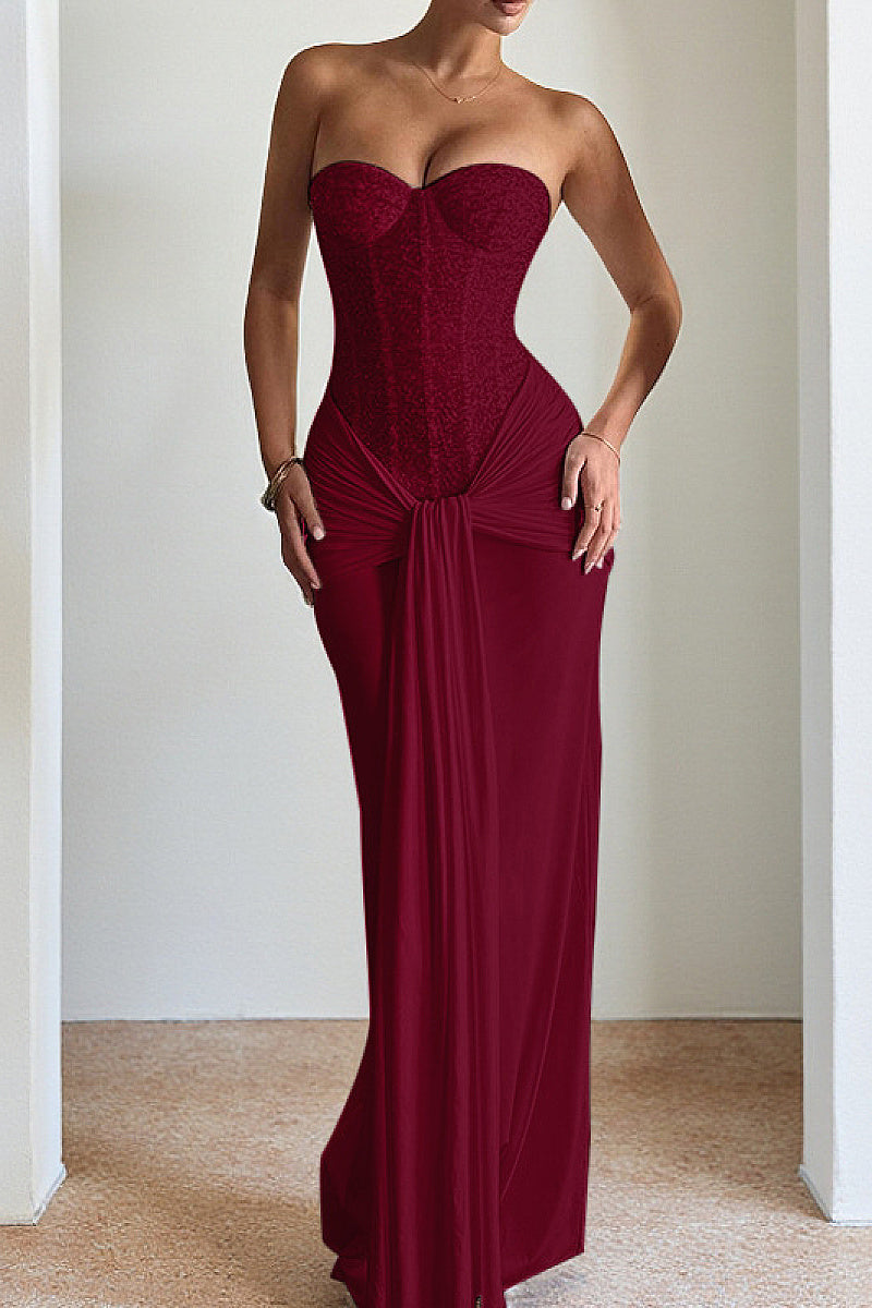 Elegant Strapless Long Dress with Waist Tie