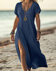 Loose Solid Color V-Neck Short Sleeve Dress