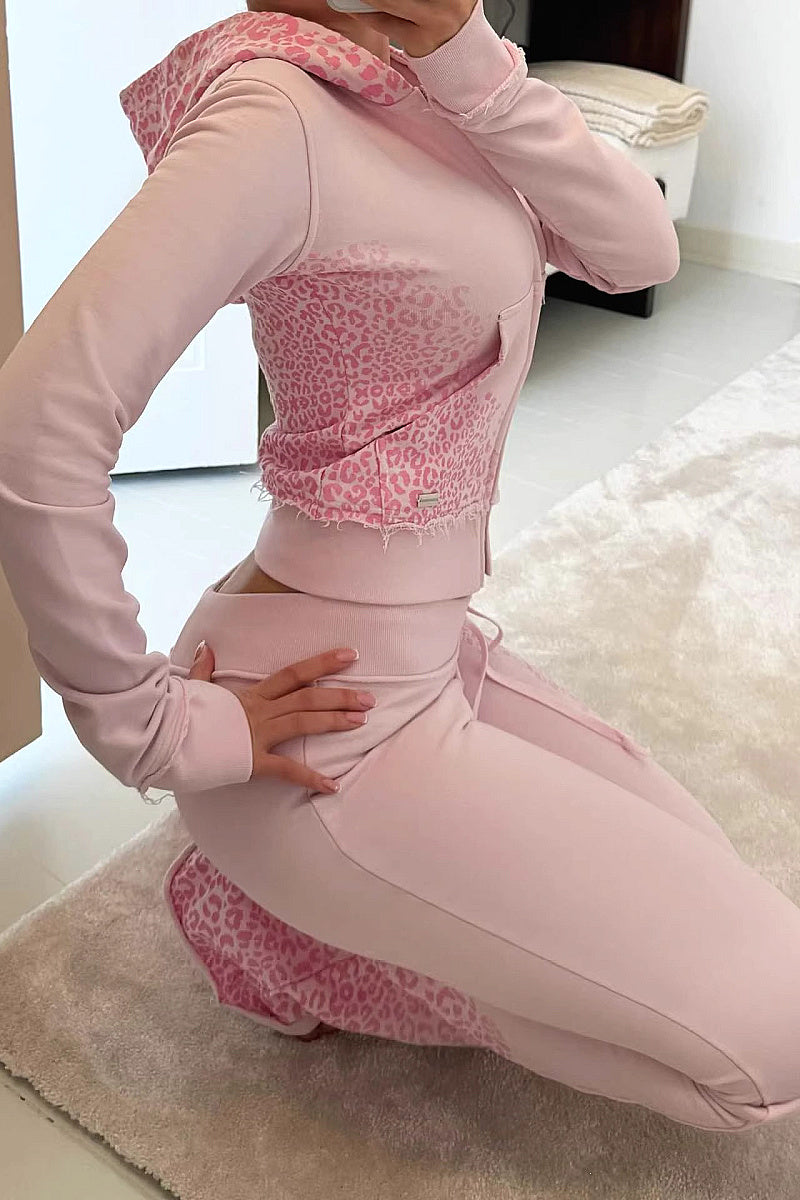 Trendy Pink Hooded Sweatshirt and High-Waisted Pants Set