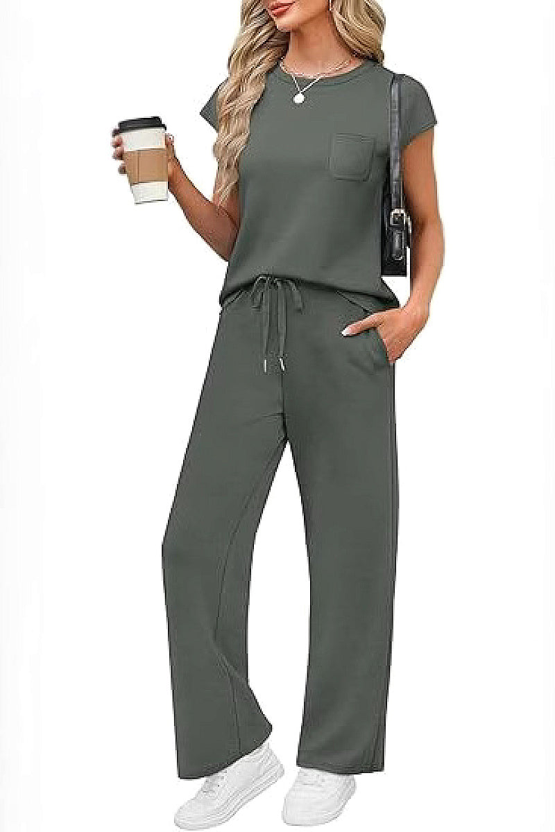Casual Loose Fit Pocket T-Shirt and Pants Set