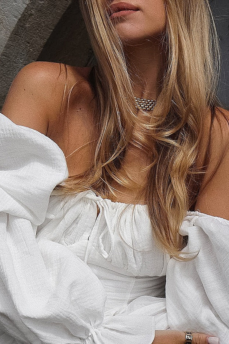 Chic Off-Shoulder Puff Sleeve Tie Long Sleeve Top