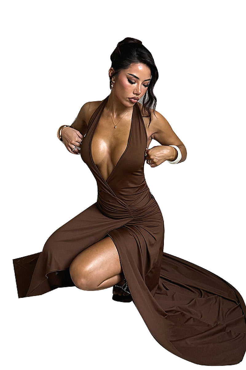 Deep V Neck Ruffle Hem A-Line Dress