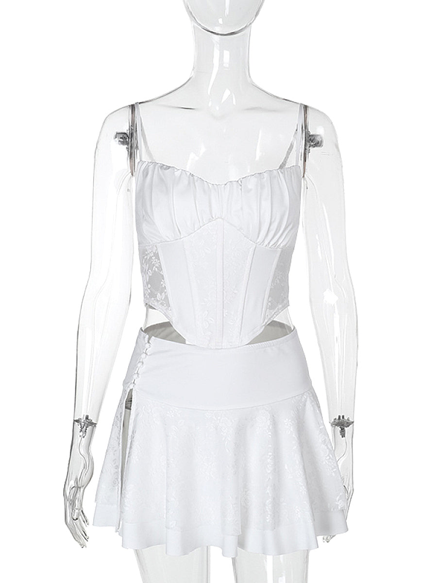 Lace Panel Waist Cinching Top and High Waist Skirt Set