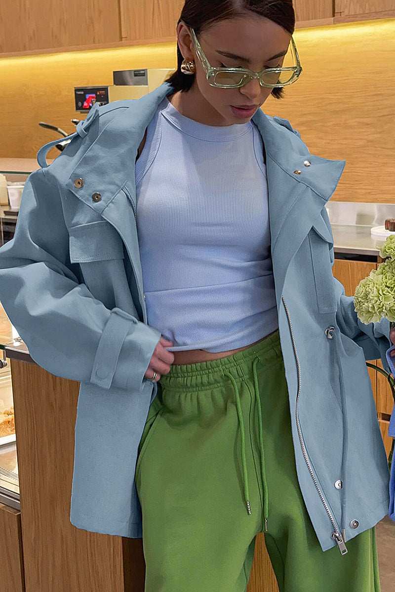 Cotton High Neck Drawstring Long Sleeve Jacket for Women