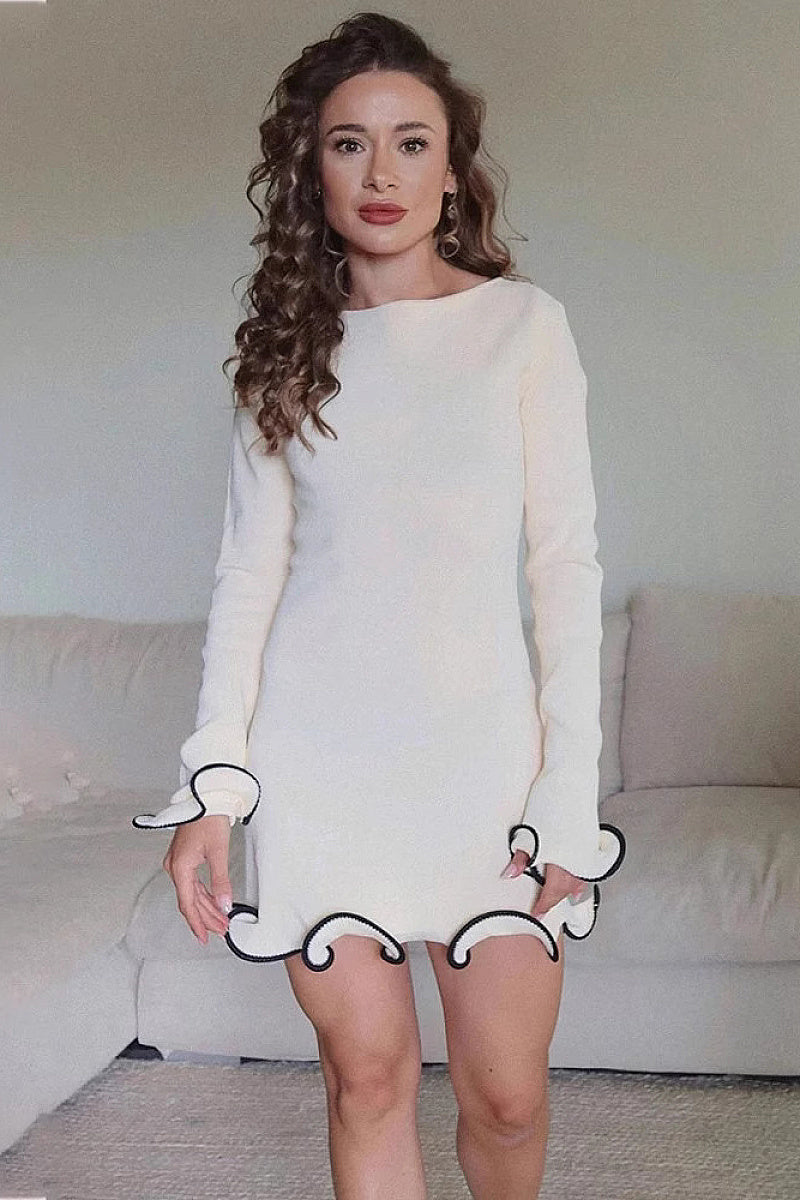 Elegant Ruffled Hem Long Sleeve Knit Dress