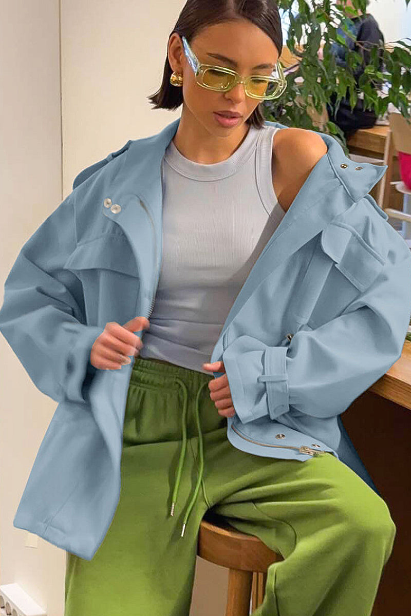 Cotton High Neck Drawstring Long Sleeve Jacket for Women