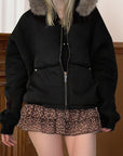 Black Hooded Sweatshirt with Fur Collar for Women