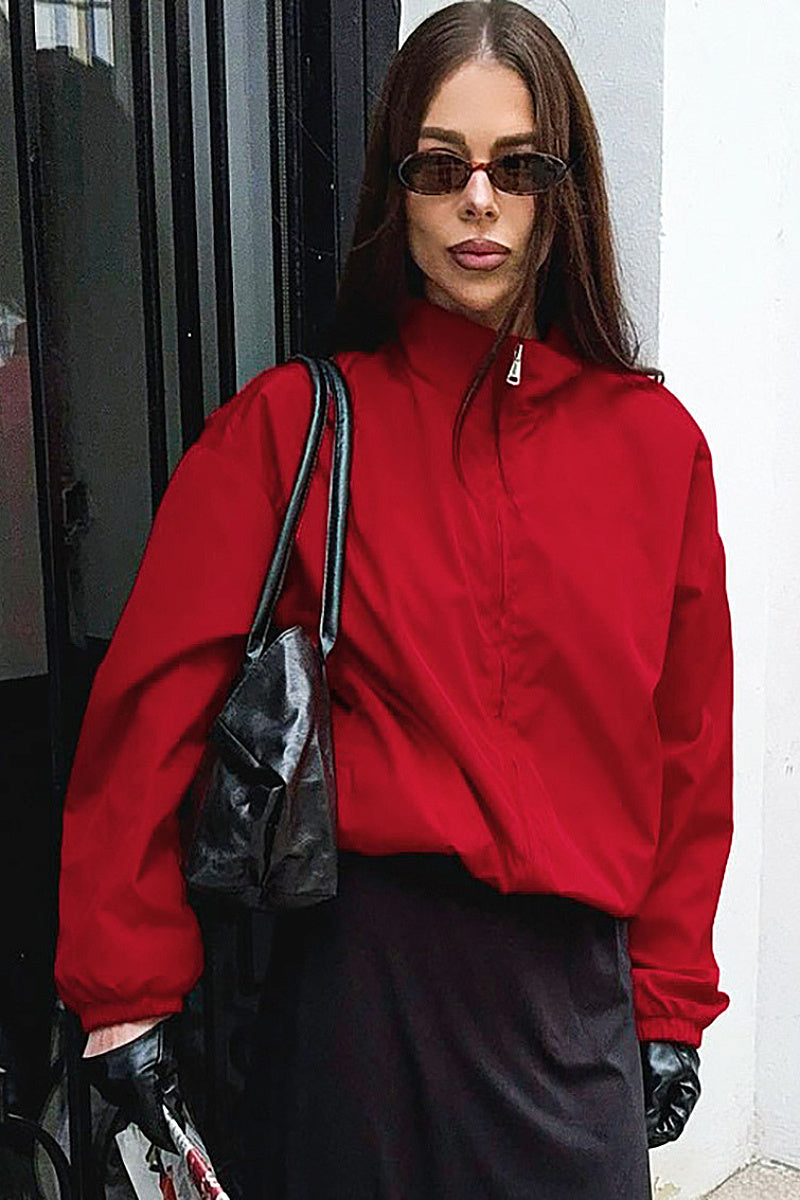 Stylish Red Stand Collar Zipper Windbreaker