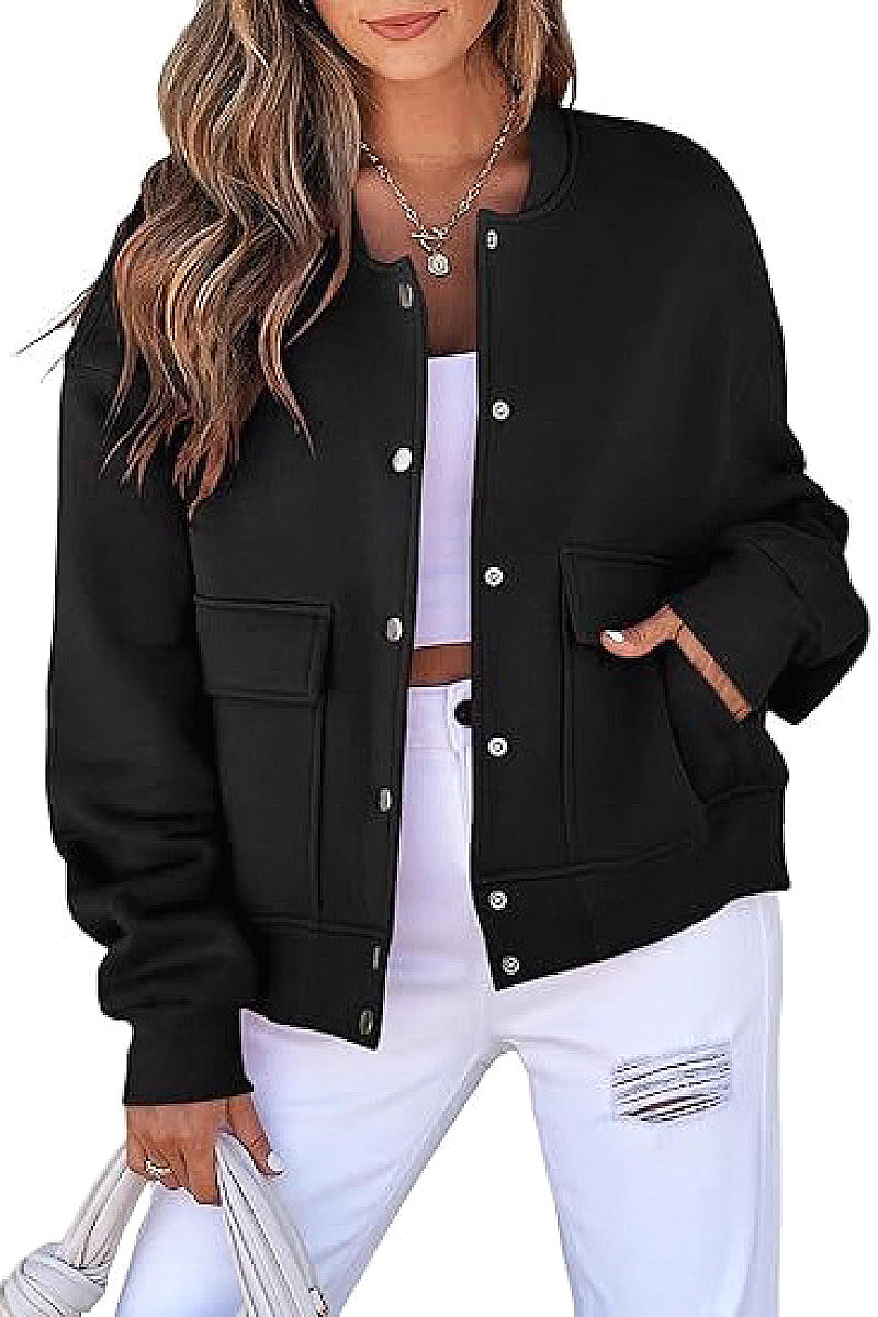 Fashionable Round Neck Short Jacket with Pockets
