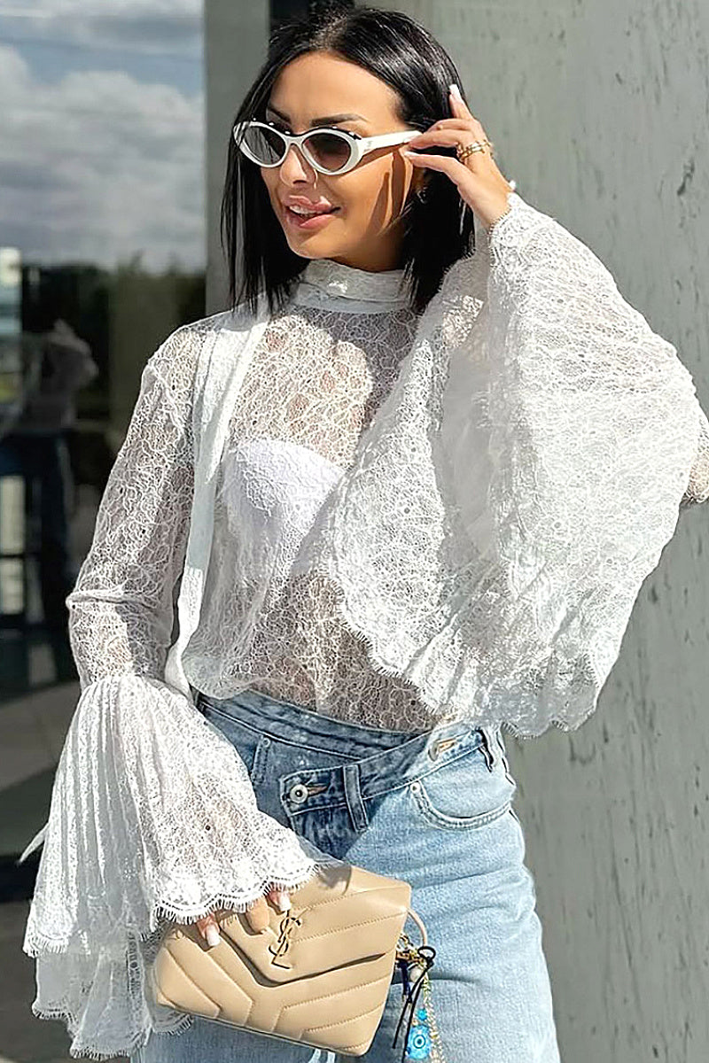 French Style Lace Blouse with Ruffled Sleeves