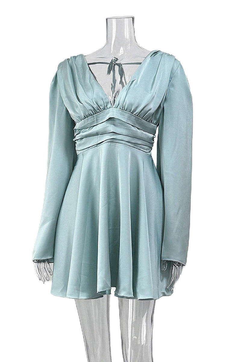 Elegant French Satin Long Sleeve Dress with V-Neck