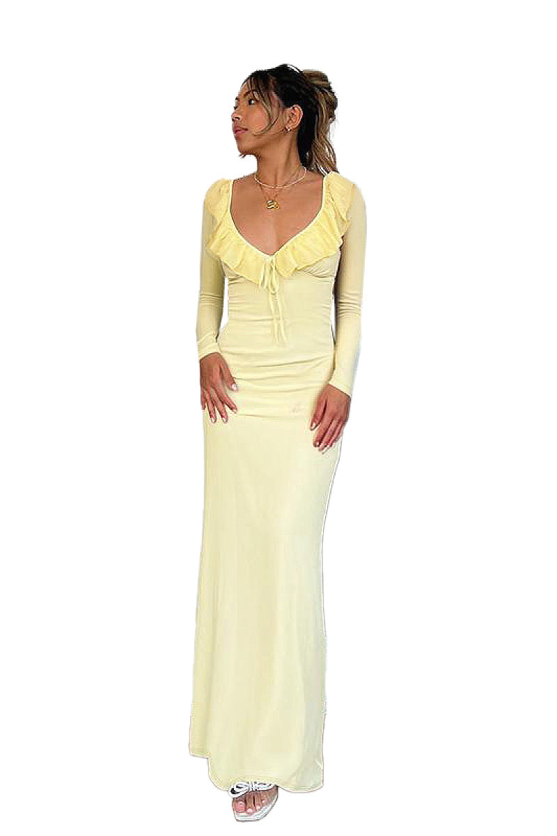European Style Ruffled Long Sleeve Bodycon Dress