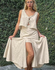 Casual Khaki Cotton Linen Cardigan Dress Set