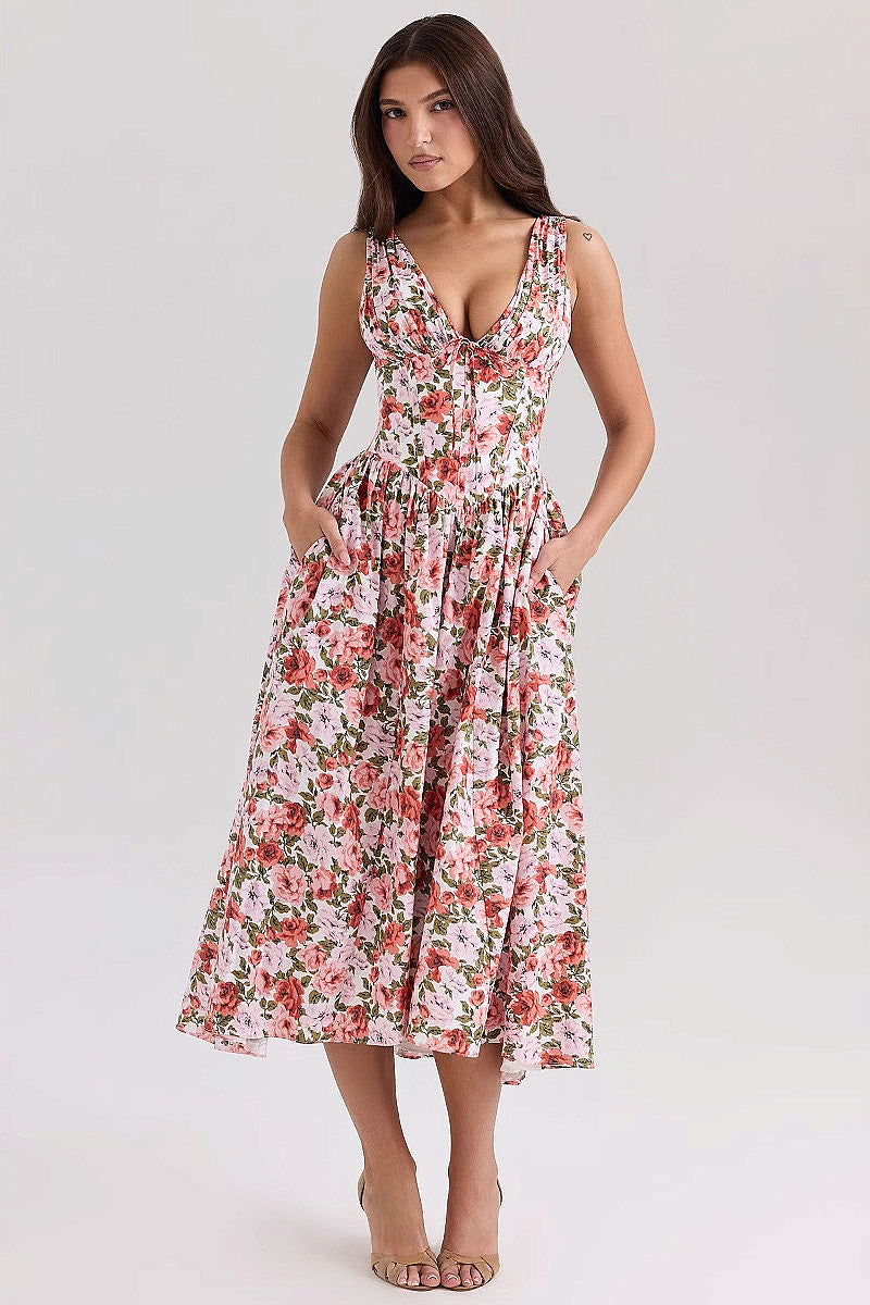 Summer Slim Fit Floral V-Neck Dress