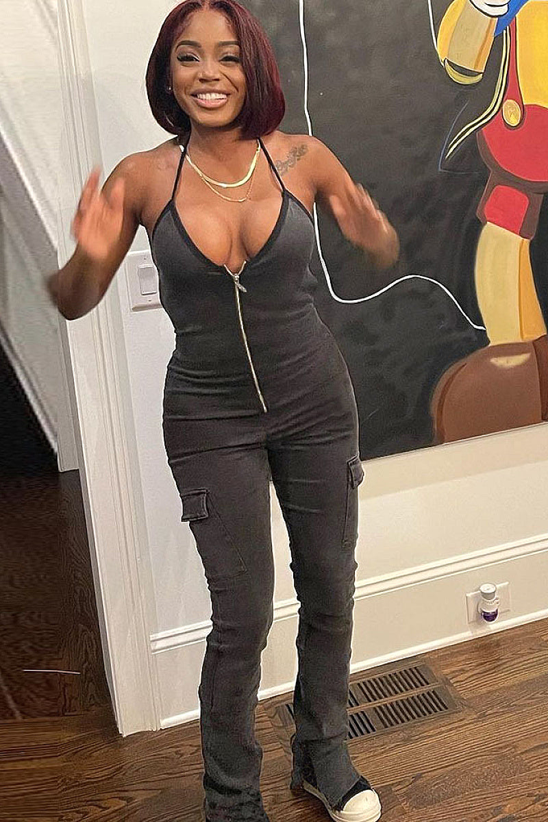Summer Fashionable Zipper Long Denim Jumpsuit