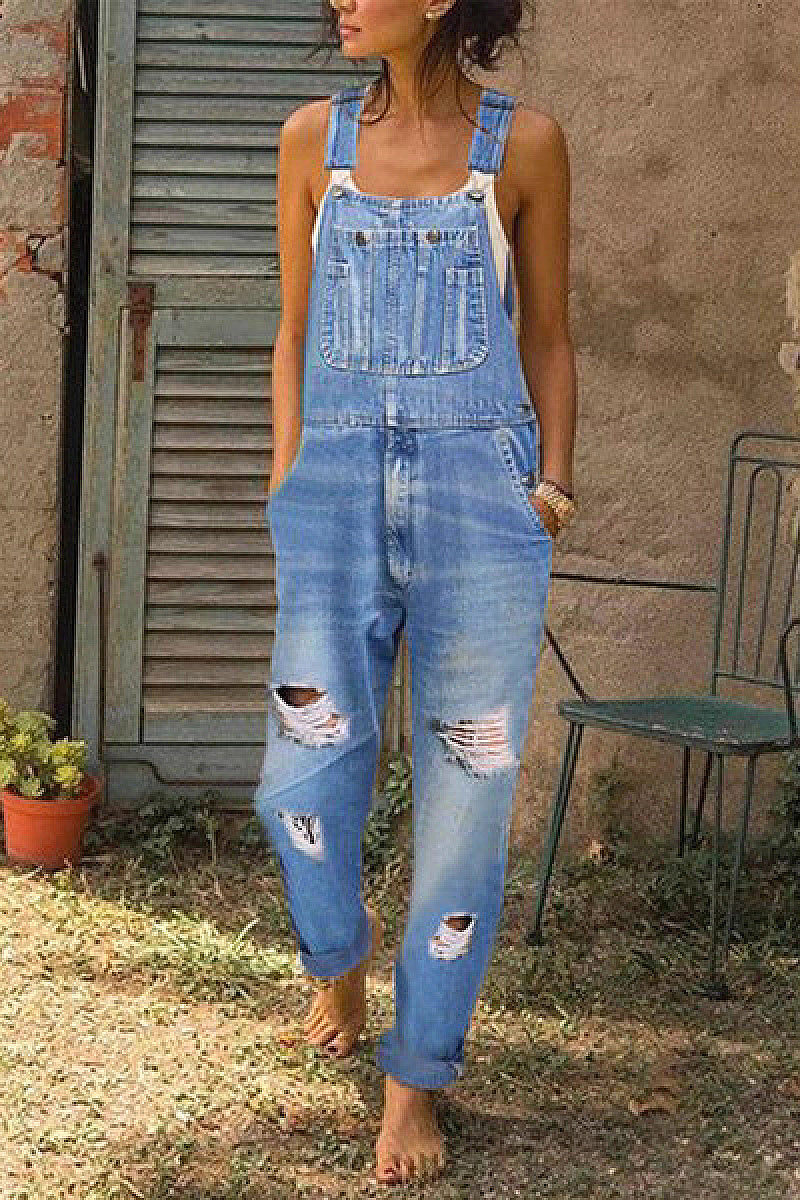 Trendy Women's Denim Overalls with Distressed Wash