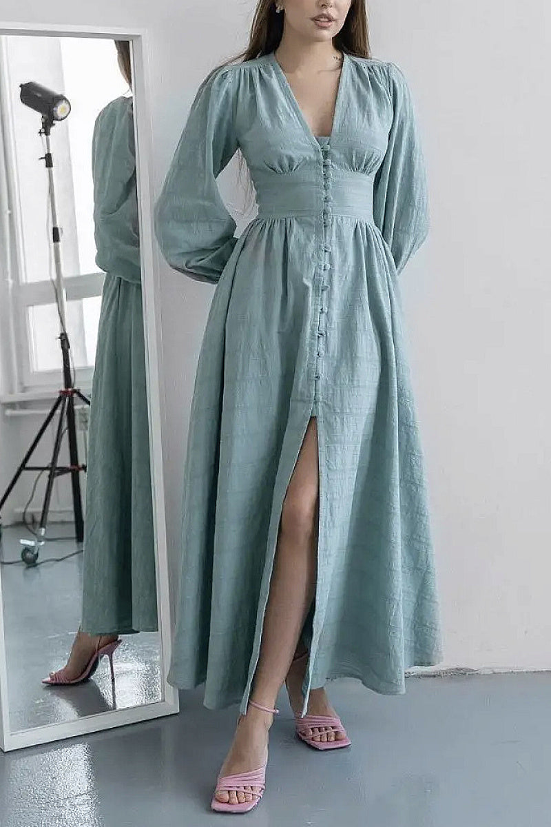 Elegant V-Neck Lantern Sleeve Dress