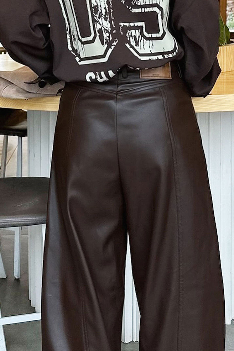 High Waist Brown PU Wide Leg Pants for Women