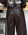 High Waist Brown PU Wide Leg Pants for Women