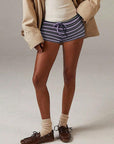 Trendy Striped Low Rise Drawstring Hot Pants