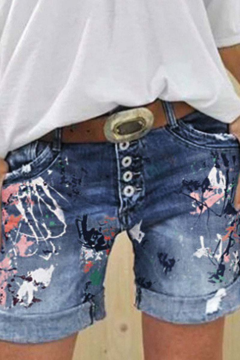High-Waisted Elastic Printed Denim Shorts