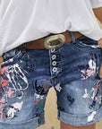 High-Waisted Elastic Printed Denim Shorts