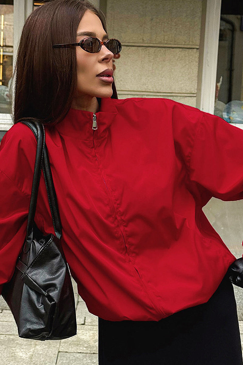 Stylish Red Stand Collar Zipper Windbreaker