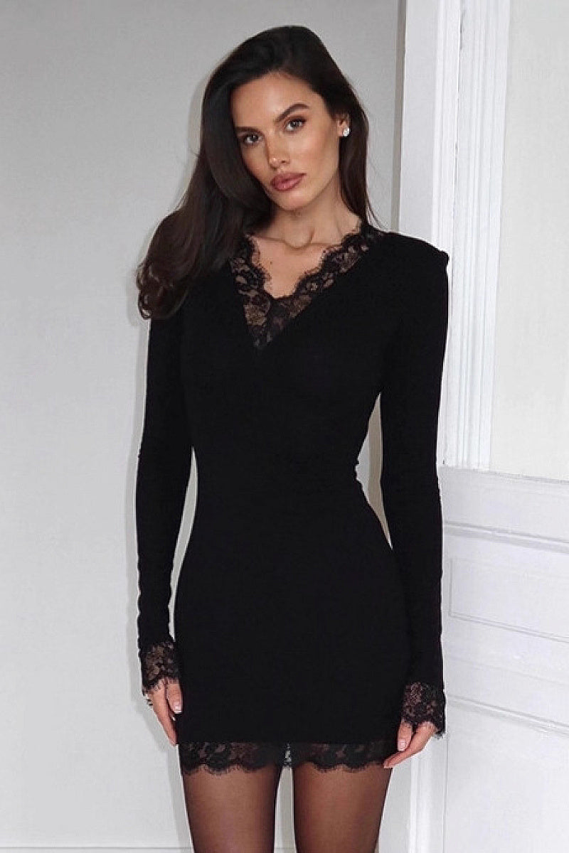 Elegant Black Lace V-Neck Dress for Women